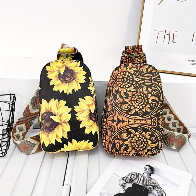 Vintage Cow Sunflower Chest Bag Retro PU Crossbody Bag Women's Casual Sling Bag