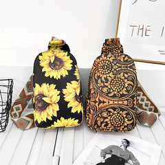 Vintage Cow Sunflower Chest Bag Retro PU Crossbody Bag Women's Casual Sling Bag