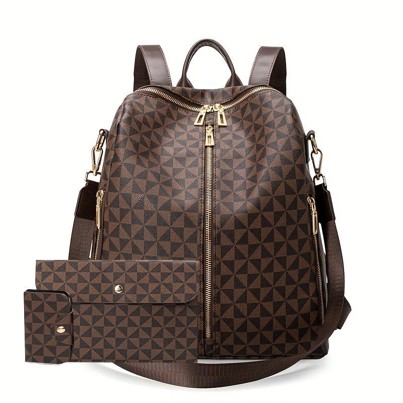 3pcs Women's Backpack Crossbody Handbag Wallet Set Argyle Backpack
