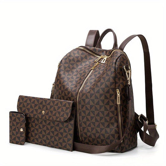 3pcs Women's Backpack Crossbody Handbag Wallet Set Argyle Backpack