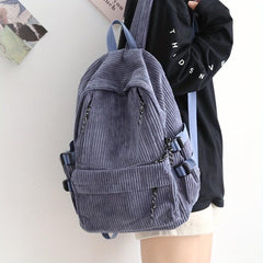 Solid Corduroy Backpack Women's Schoolbag with Sheep Pendant