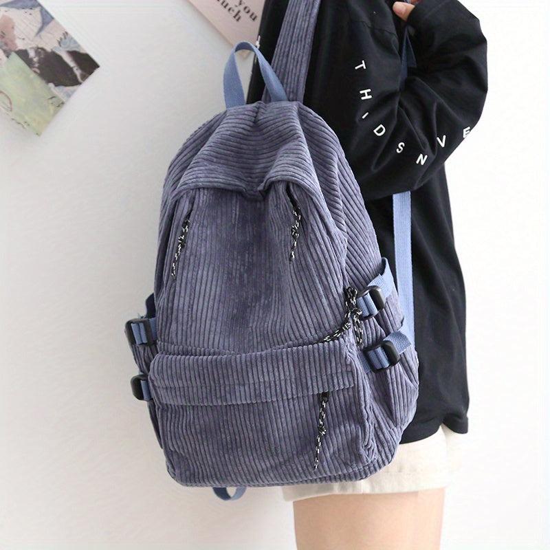 Solid Corduroy Backpack Women's Schoolbag with Sheep Pendant