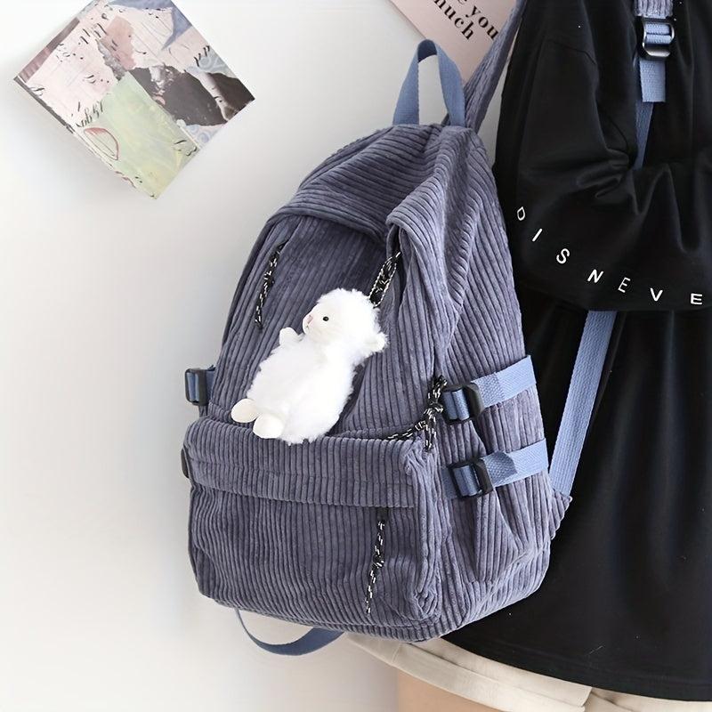 Solid Corduroy Backpack Women's Schoolbag with Sheep Pendant