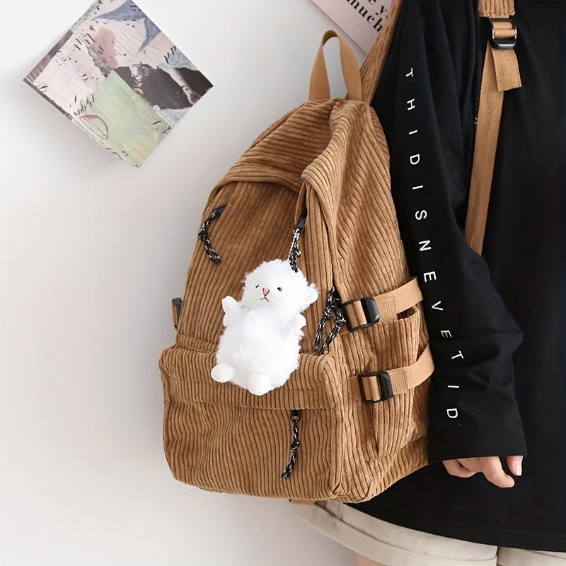 Solid Corduroy Backpack Women's Schoolbag with Sheep Pendant