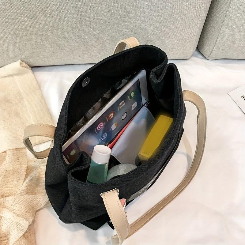Letter Patch Decor Tote Bag Canvas Shoulder Bag Women's Handbag