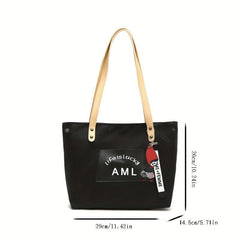 Letter Patch Decor Tote Bag Canvas Shoulder Bag Women's Handbag
