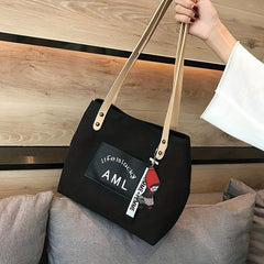 Letter Patch Decor Tote Bag Canvas Shoulder Bag Women's Handbag