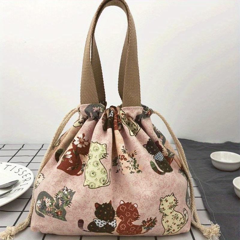 Flower Animal Canvas Bucket Bag Drawstring Lunch Box Bag