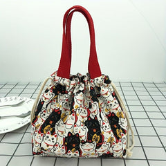 Flower Animal Canvas Bucket Bag Drawstring Lunch Box Bag