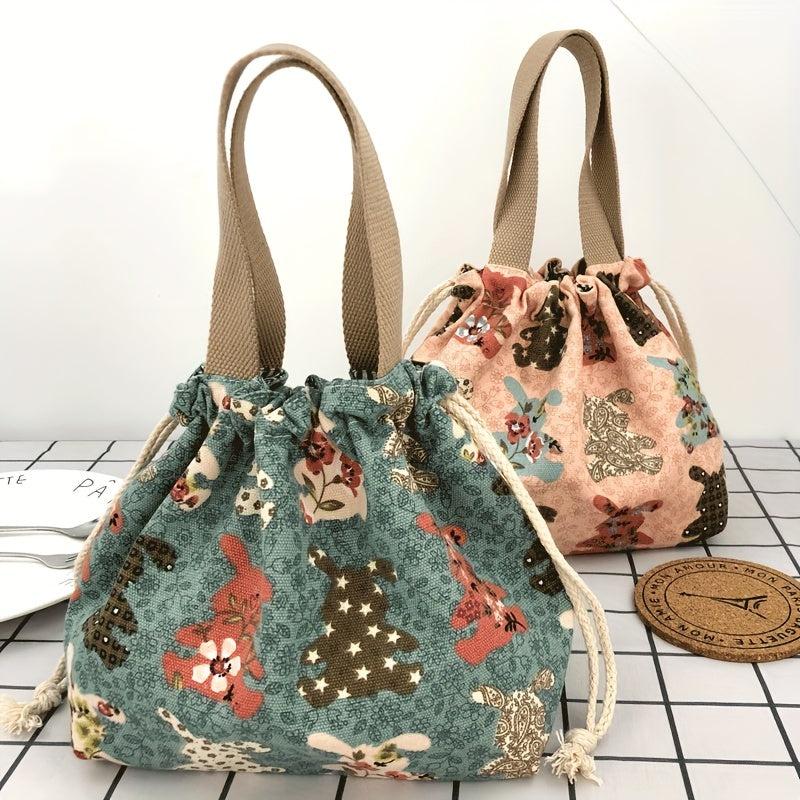 Flower Animal Canvas Bucket Bag Drawstring Lunch Box Bag