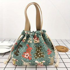 Flower Animal Canvas Bucket Bag Drawstring Lunch Box Bag