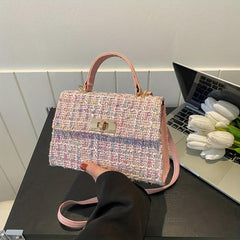 Plaid Crossbody Satchel Bag PU Leather Textured Box Bag