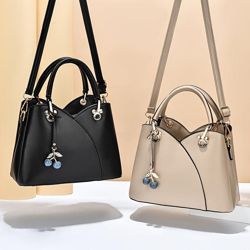 Solid Shoulder Bag with Cherry Pendant