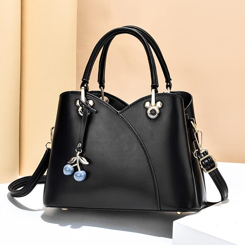 Solid Shoulder Bag with Cherry Pendant