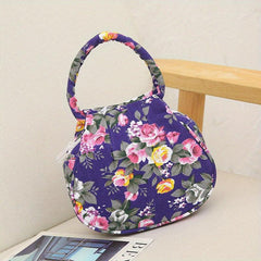 Floral Pattern Canvas Handbag Round Coin Purse Portable Mother Grocery Bag