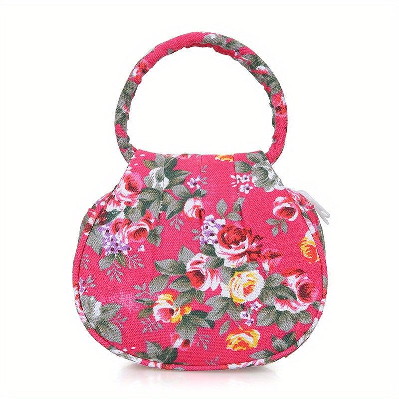 Floral Pattern Canvas Handbag Round Coin Purse Portable Mother Grocery Bag