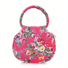 Floral Pattern Canvas Handbag Round Coin Purse Portable Mother Grocery Bag