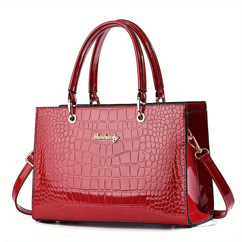 Crocodile Pattern Handbag Women's Glossy Satchel Purse Large Capacity