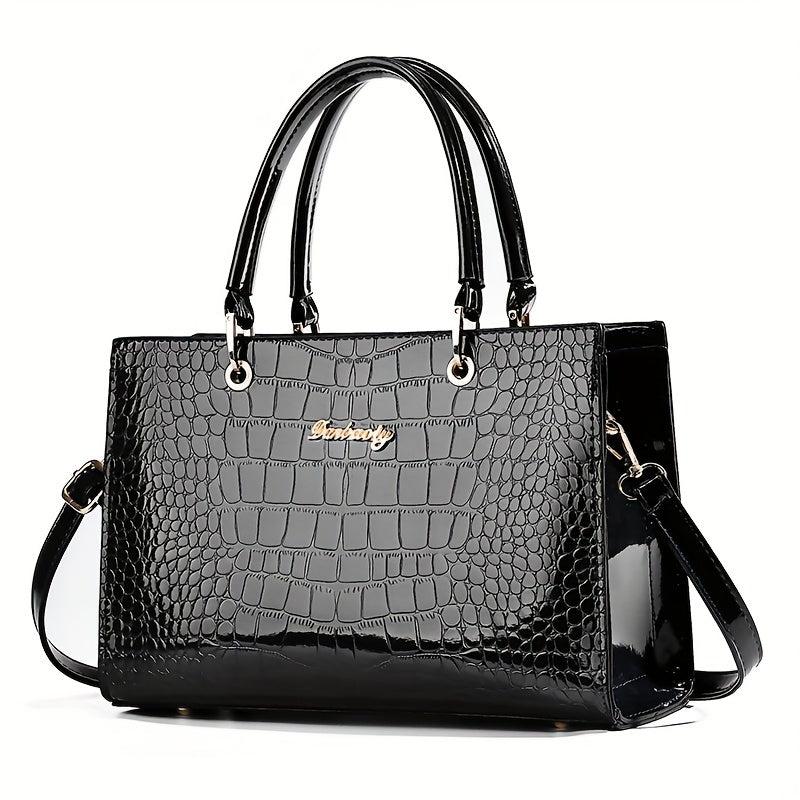 Crocodile Pattern Handbag Women's Glossy Satchel Purse Large Capacity