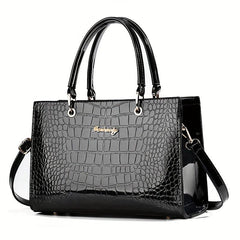 Crocodile Pattern Handbag Women's Glossy Satchel Purse Large Capacity
