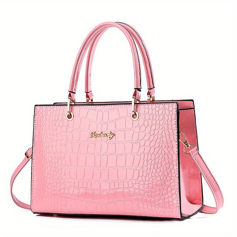 Crocodile Pattern Handbag Women's Glossy Satchel Purse Large Capacity