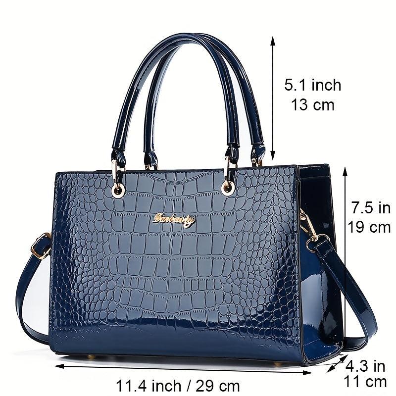 Crocodile Pattern Handbag Women's Glossy Satchel Purse Large Capacity