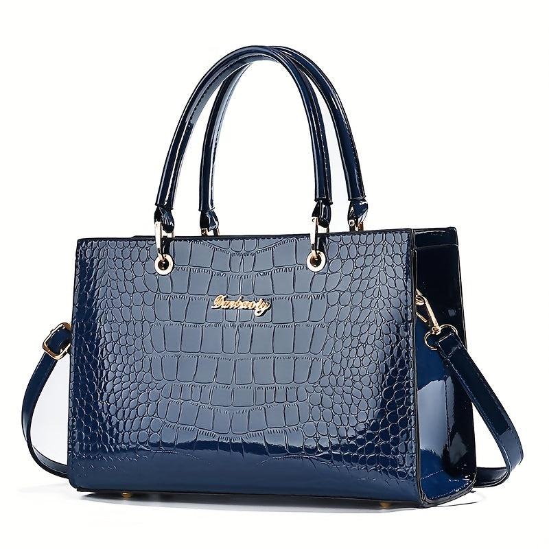 Crocodile Pattern Handbag Women's Glossy Satchel Purse Large Capacity