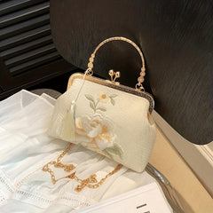 Flower Embroidered Handbag Kiss Lock Storage Handbag