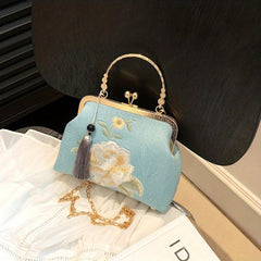 Flower Embroidered Handbag Kiss Lock Storage Handbag