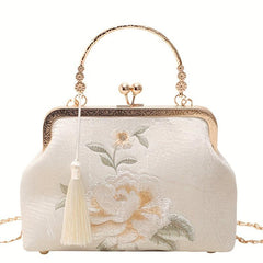 Flower Embroidered Handbag Kiss Lock Storage Handbag