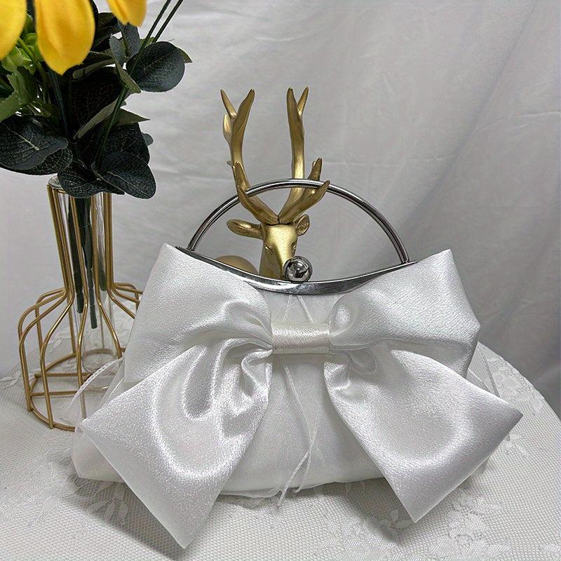 Satin Bowknot Evening Bag Top Ring Clutch Purse for Wedding Banquet Prom Party