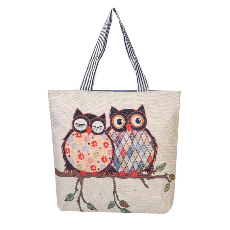 Ethnic Style Owl Embroidery Canvas Tote Bag Handbag