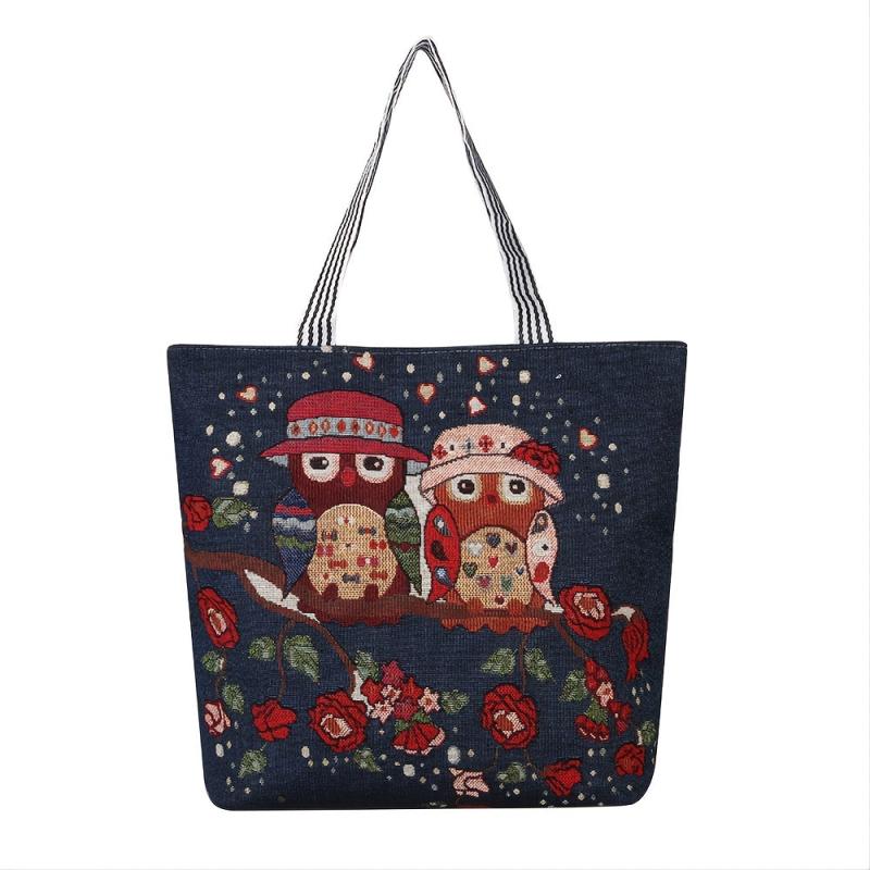 Ethnic Style Owl Embroidery Canvas Tote Bag Handbag
