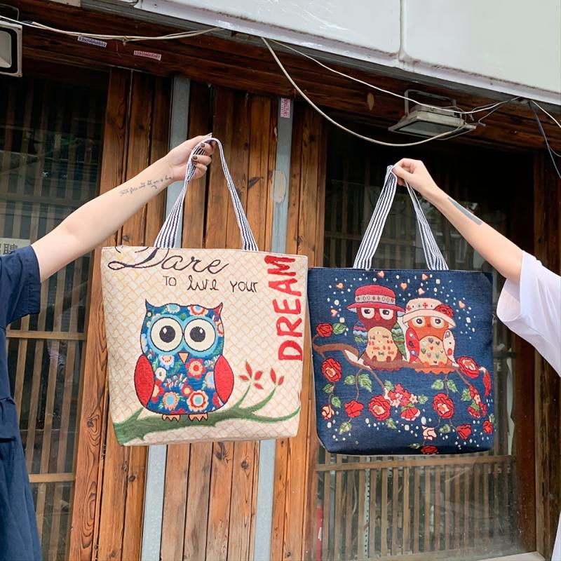 Ethnic Style Owl Embroidery Canvas Tote Bag Handbag