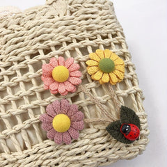 Flower Woven Drawstring Handbag Hollow Out Straw Beach Bag Women's Versatile Bag