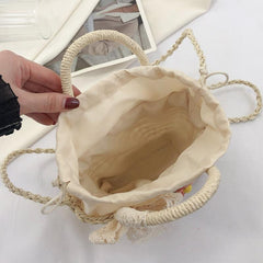 Flower Woven Drawstring Handbag Hollow Out Straw Beach Bag Women's Versatile Bag
