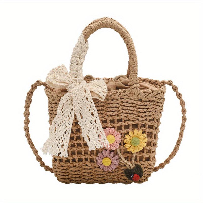 Flower Woven Drawstring Handbag Hollow Out Straw Beach Bag Women's Versatile Bag