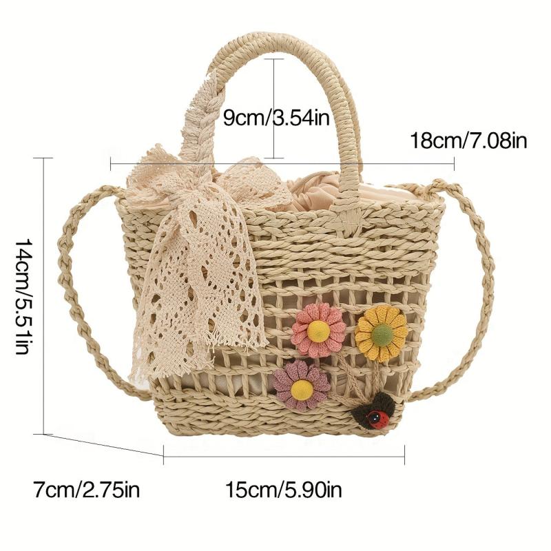 Flower Woven Drawstring Handbag Hollow Out Straw Beach Bag Women's Versatile Bag