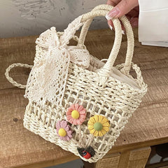 Flower Woven Drawstring Handbag Hollow Out Straw Beach Bag Women's Versatile Bag