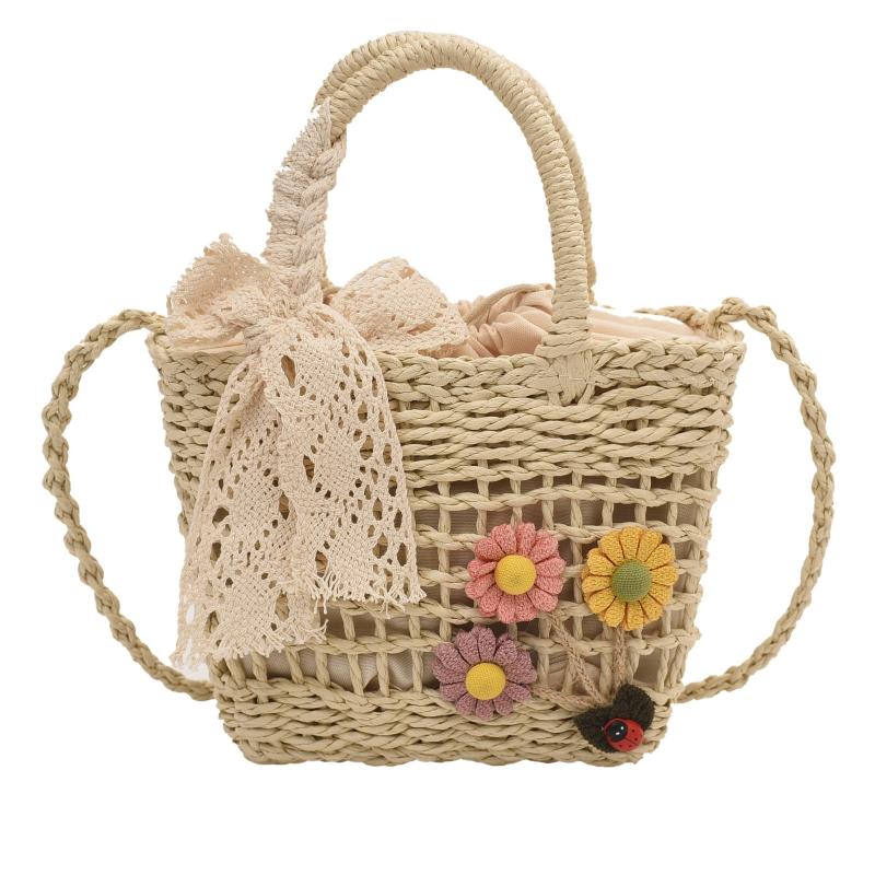 Flower Woven Drawstring Handbag Hollow Out Straw Beach Bag Women's Versatile Bag