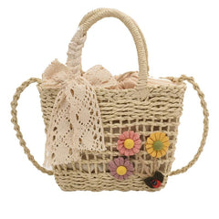 Flower Woven Drawstring Handbag Hollow Out Straw Beach Bag Women's Versatile Bag