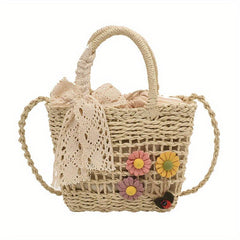Flower Woven Drawstring Handbag Hollow Out Straw Beach Bag Women's Versatile Bag