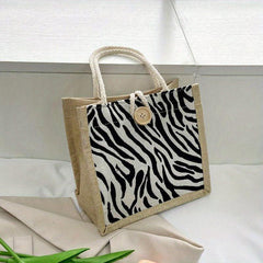 Houndstooth Pattern Canvas Tote Bag Button Decor Shopping Bag