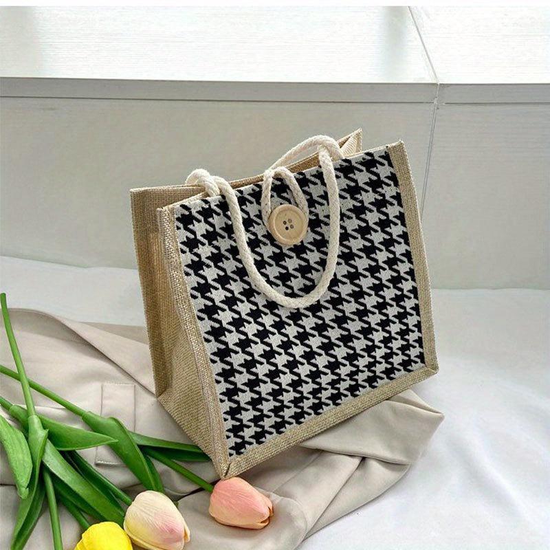 Houndstooth Pattern Canvas Tote Bag Button Decor Shopping Bag