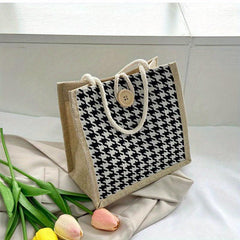 Houndstooth Pattern Canvas Tote Bag Button Decor Shopping Bag