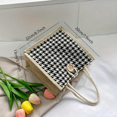 Houndstooth Pattern Canvas Tote Bag Button Decor Shopping Bag