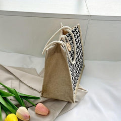 Houndstooth Pattern Canvas Tote Bag Button Decor Shopping Bag