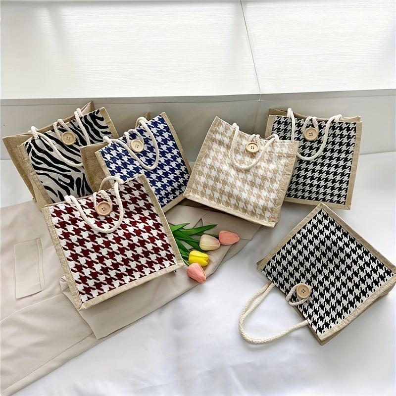 Houndstooth Pattern Canvas Tote Bag Button Decor Shopping Bag