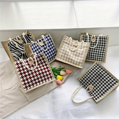 Houndstooth Pattern Canvas Tote Bag Button Decor Shopping Bag