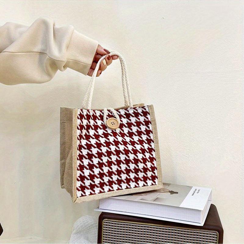 Houndstooth Pattern Canvas Tote Bag Button Decor Shopping Bag